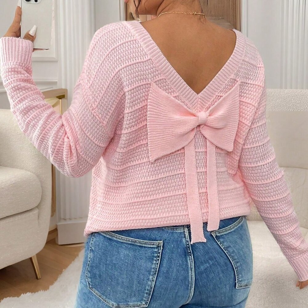 Plus Size Pink Casual Women's Knit Versatile Round Neck Pullover Sweater